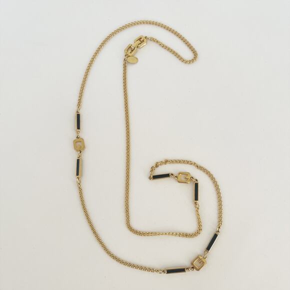 GIVENCHY Vintage Enamel 'G' Station Necklace Black Gold - Picture 8 of 12